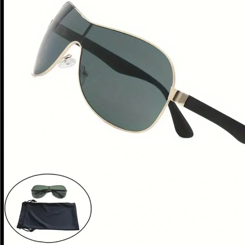 Rimless Shield Sunglasses Unisex Black Gray UV Protection with Storage Pouch
